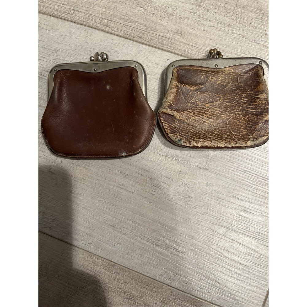 Antique Brown Leather Coin Purse 3" Vintage Patina Metal Frame Snap Closed Qty 2